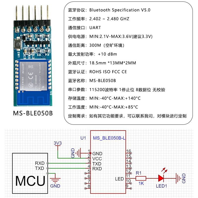 低功耗蓝牙模块MS-BLE050B小尺寸BLE5.0长距离无线串口透传模块图片