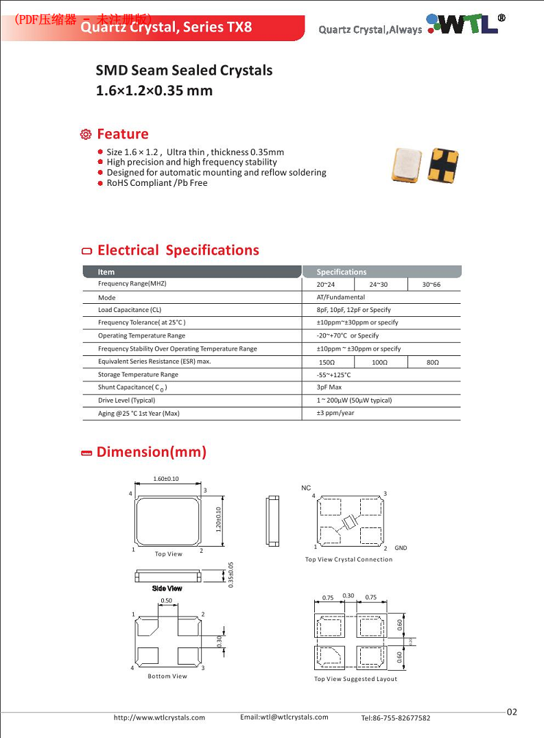 WTL维拓TX8系列 1612 SMD 24MHz 8pF 10ppm 石英晶振 适用于蓝牙耳机图片