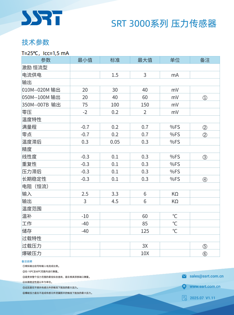 SRT3000-010M-D-S 模拟毫伏输出 恒流激励差压传感器图片