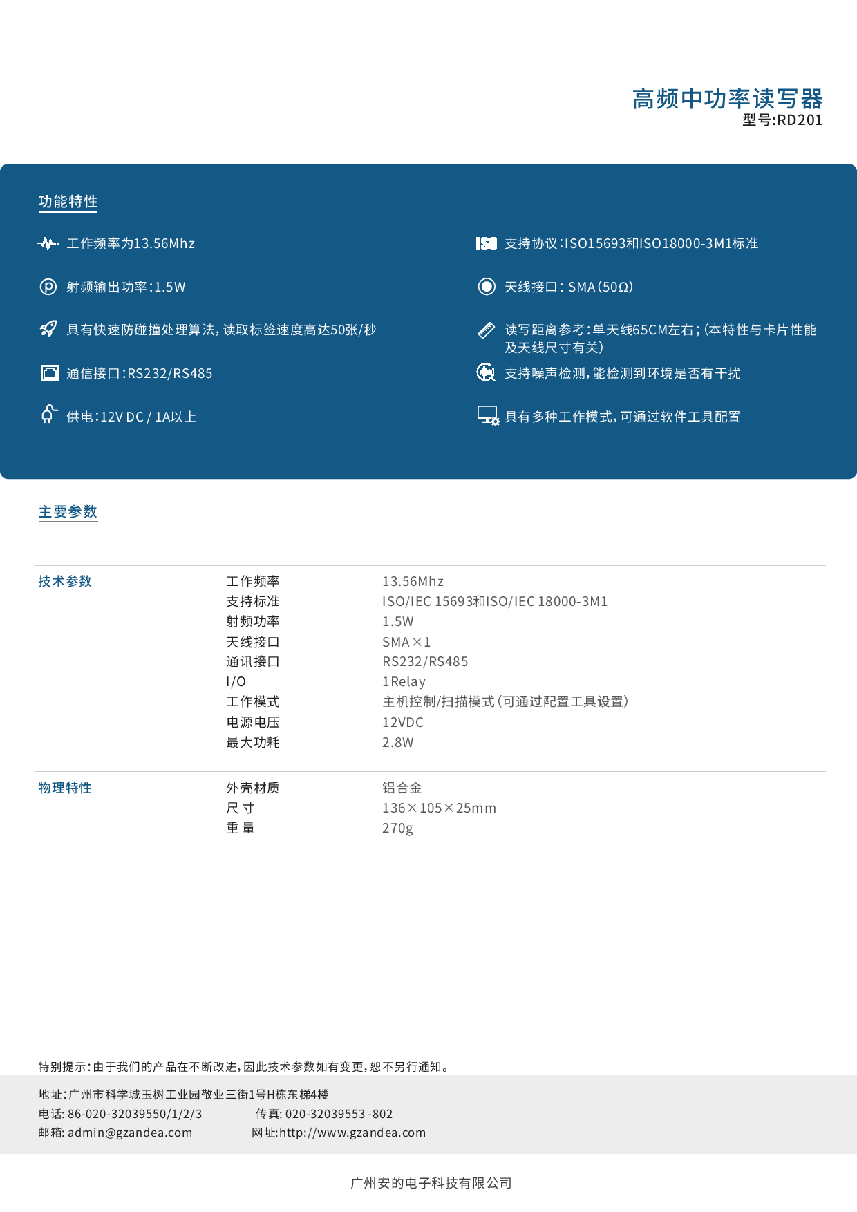 安的电子单口中功率高频读写器RD201图片