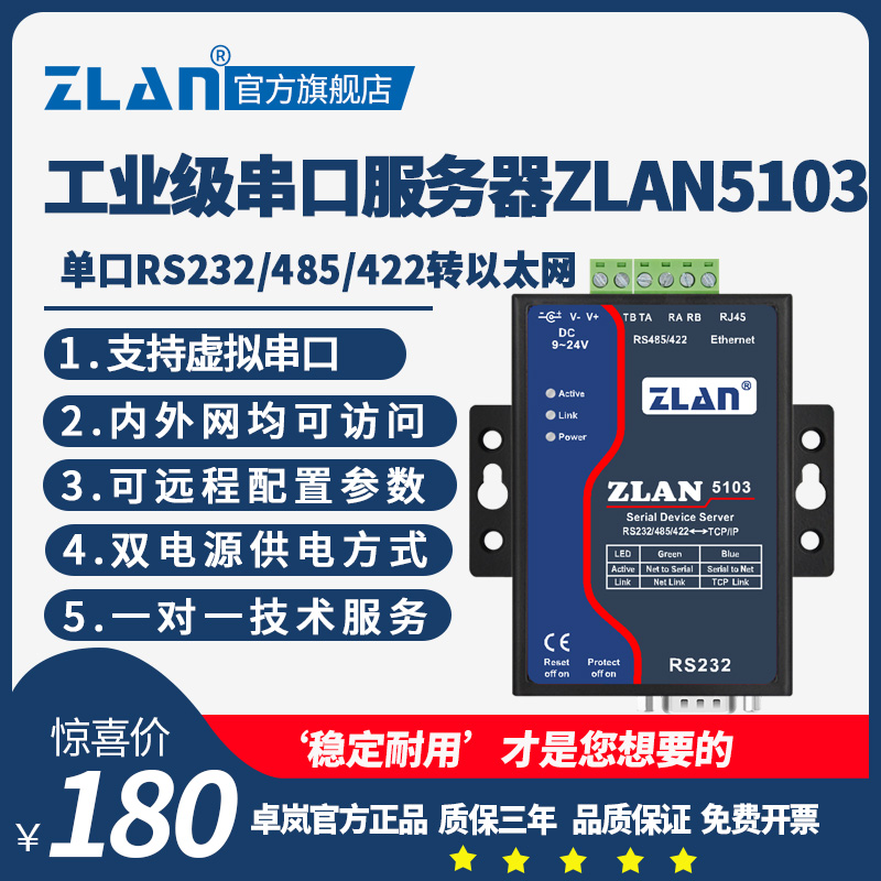 232串口服务器485转以太网TCP通讯模块422转网口通信设备工业级串口通信服务器上海卓岚ZLAN5103图片