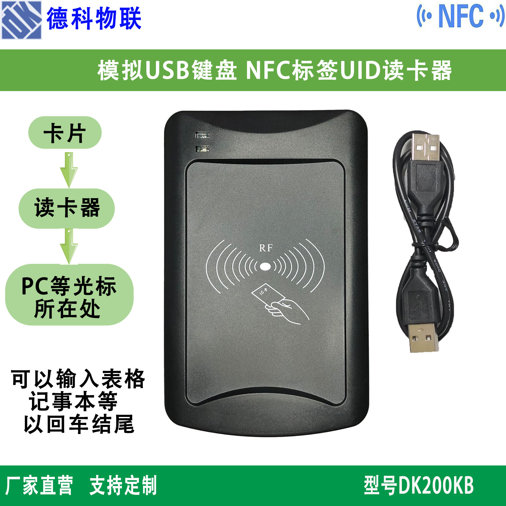 NFC标签读卡器 IC卡号读卡器 RFID卡号读取 USB键盘协议NFC读卡器图片