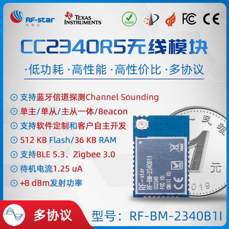 TI CC2340R5 BLE 5.3 多协议 Zigbee 蓝牙5.0主从一体串口透传 RF-BM-2340B1I图片