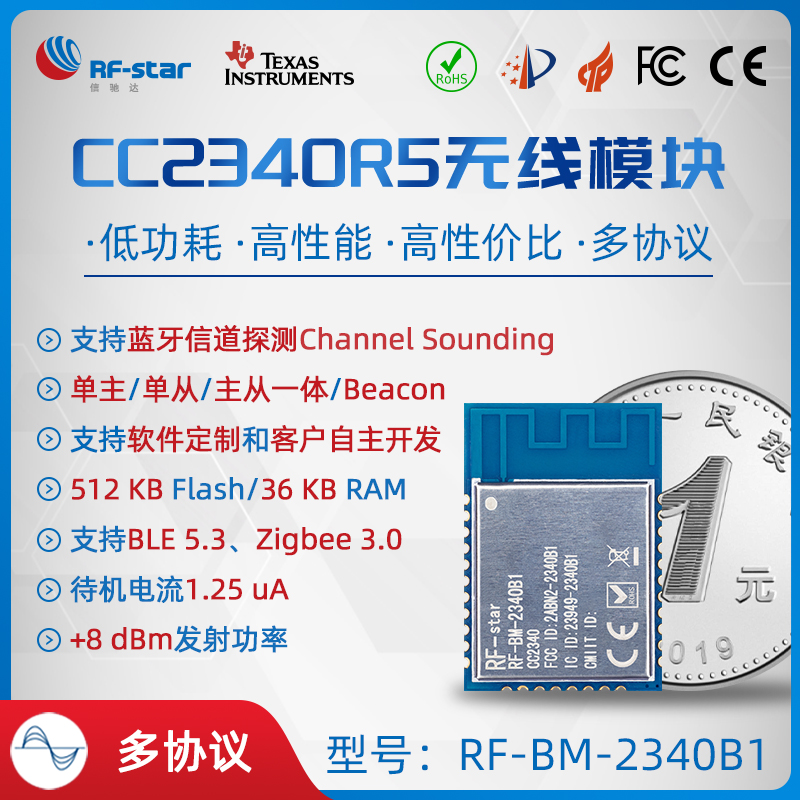 TI CC2340R5 BLE 5.3 多协议 Zigbee 蓝牙5.0主从一体串口透传 RF-BM-2340B1图片