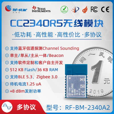TI CC2340R5 BLE 5.3 多协议 Zigbee 蓝牙5.0主从一体串口透传 RF-BM-2340A2