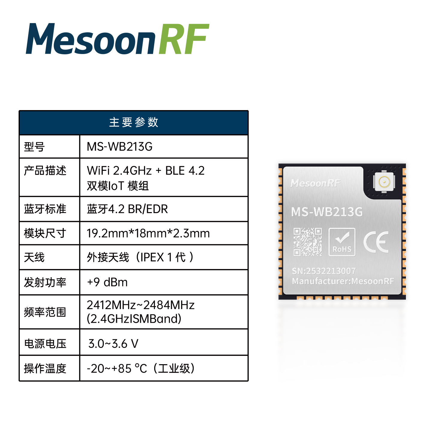 2.4G WiFi数传模块+蓝牙4.2双核物联网模组MS-WB213G图片