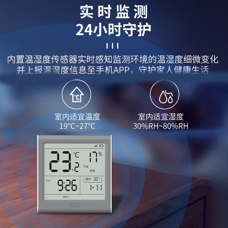 大屏家用日期闹钟SOS一键功能高精度控制智能温湿度计传感探测器图片