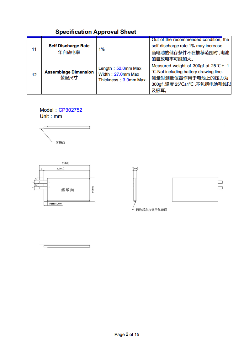 ESL用长寿命3.0V软包锂锰一次电池CP302752图片