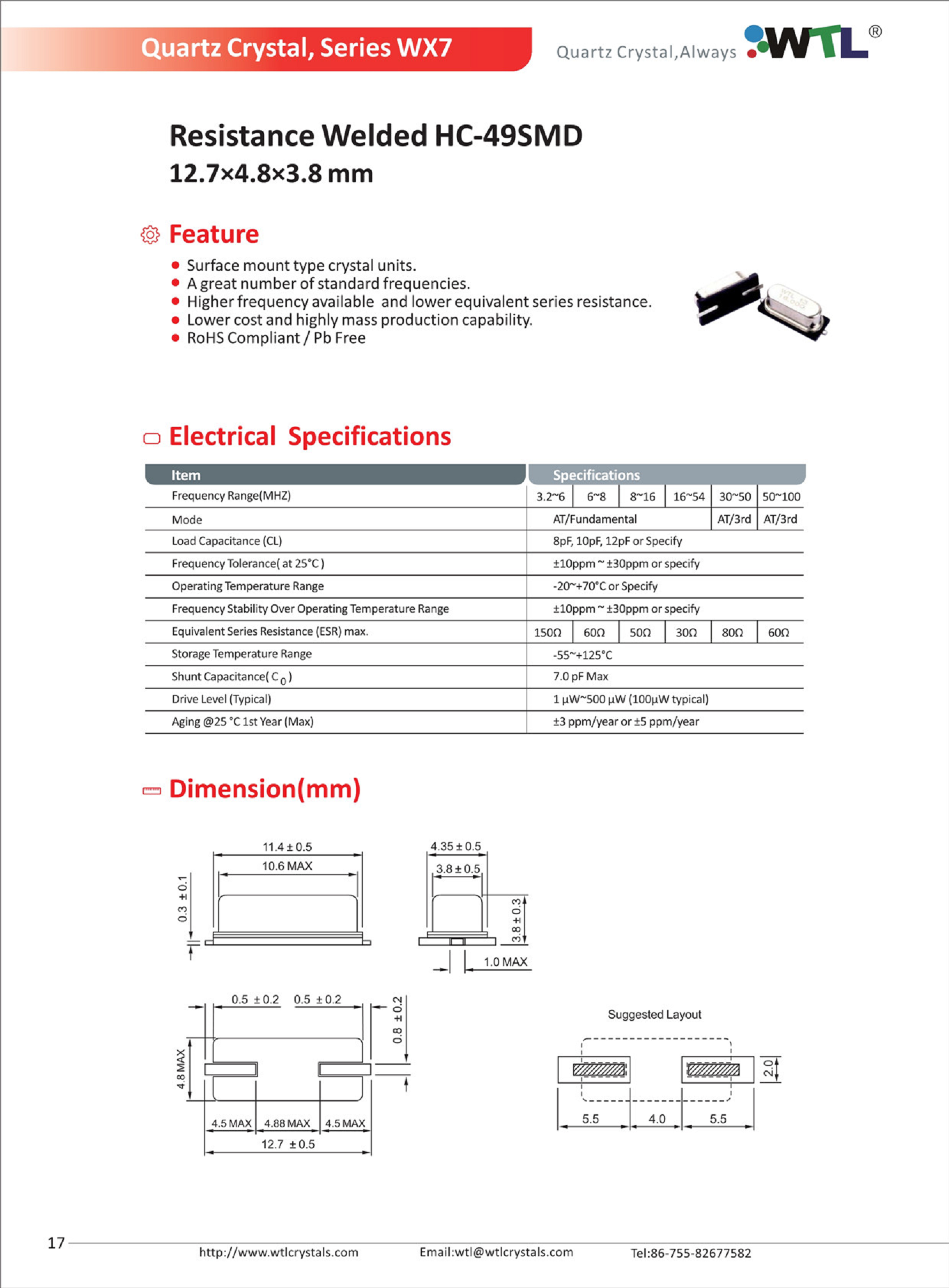 WTL维拓 WX7 49SMD 4MHz 20pF 30ppm石英晶体用于测试仪器图片