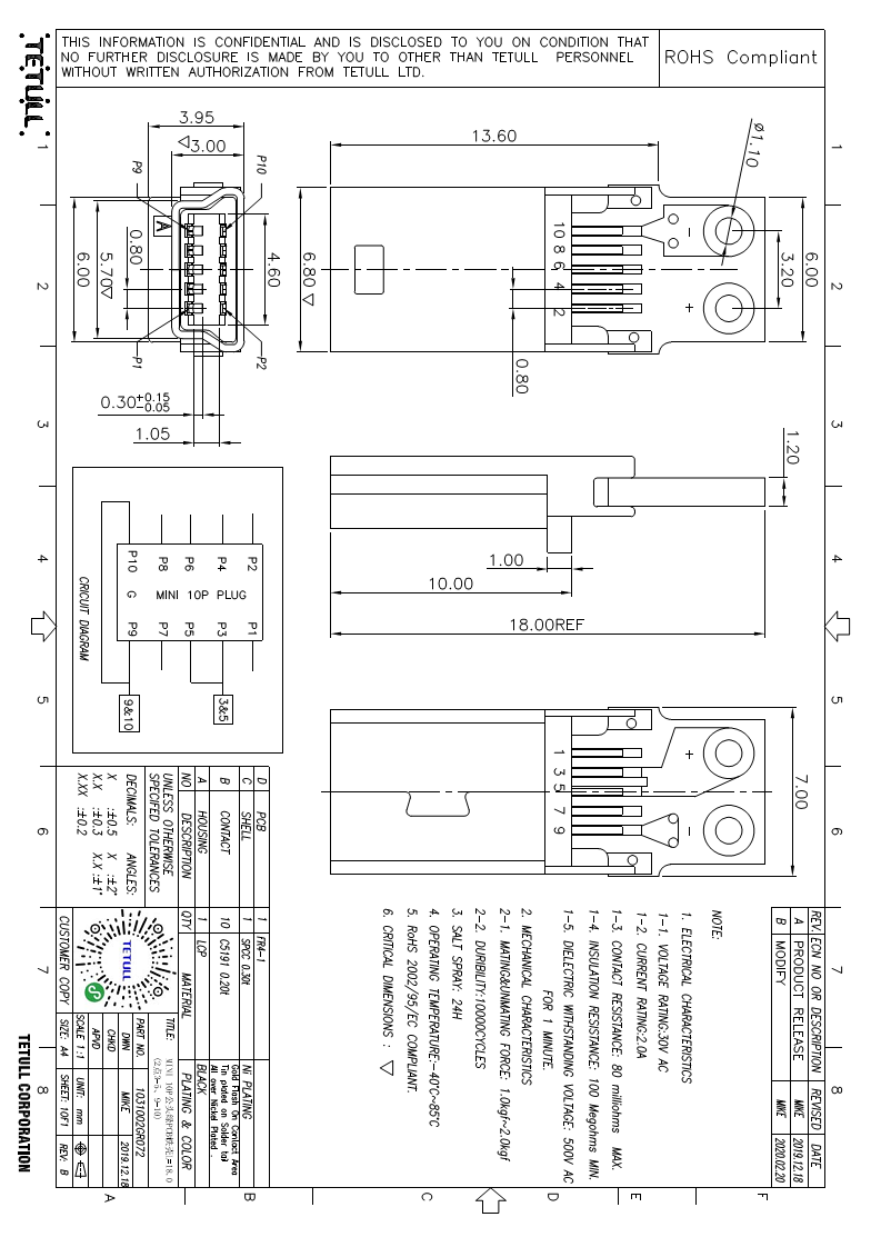 电子连接器mini  usb10Pin公头带板子pcb工厂直售图片