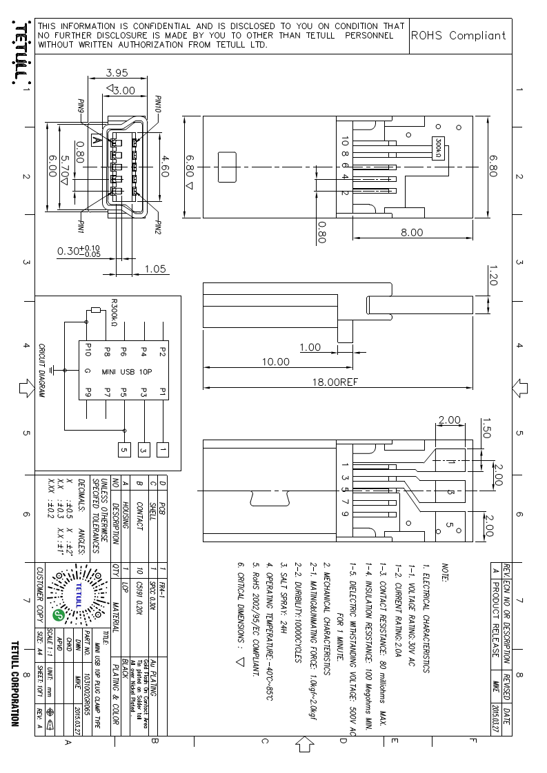 订制款全金USB线材MINIUSB10P插头PCB三个焊点mini10p公头连接器图片