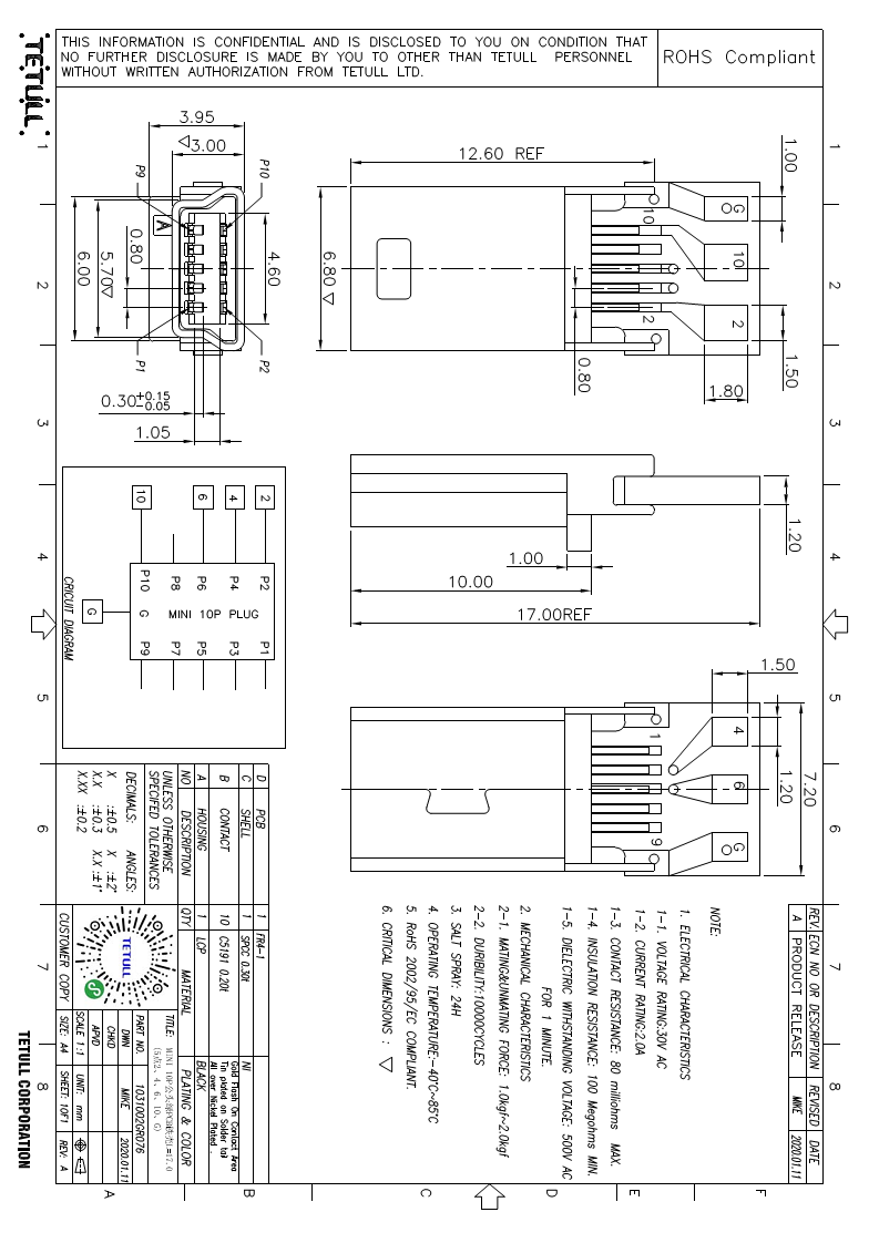 mini usb 10Pin 数据线端子带PCB焊线式铁壳连接器图片