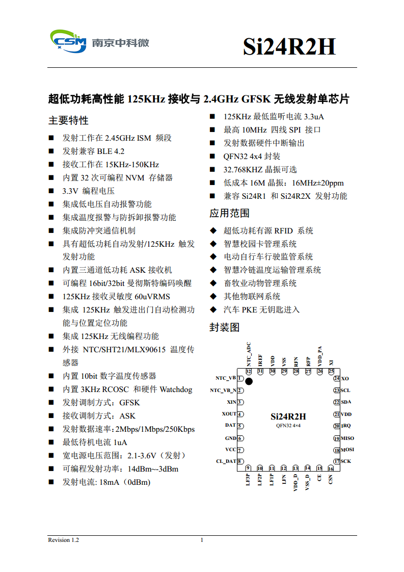 Si24R2H 超低功耗高性能125KHz唤醒功能2.4GHz无线单发射芯片图片