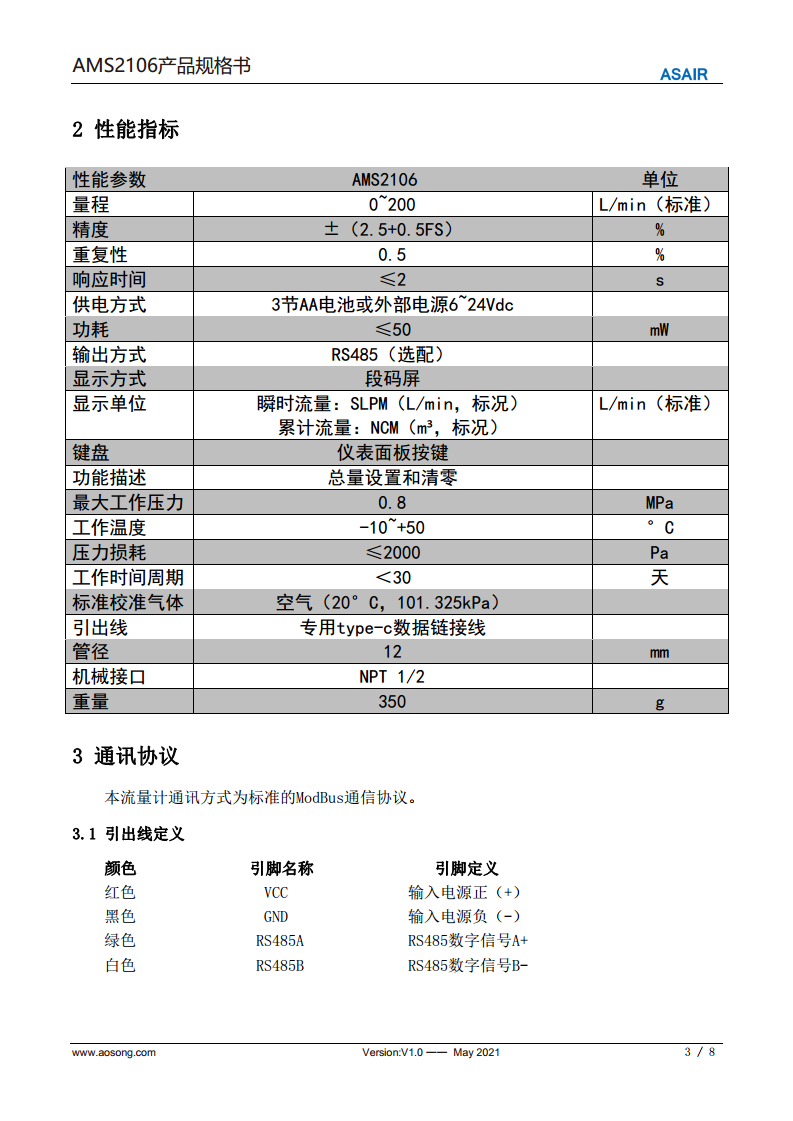 ASAIR 气体流量计数显质量流量计表AMS2106图片