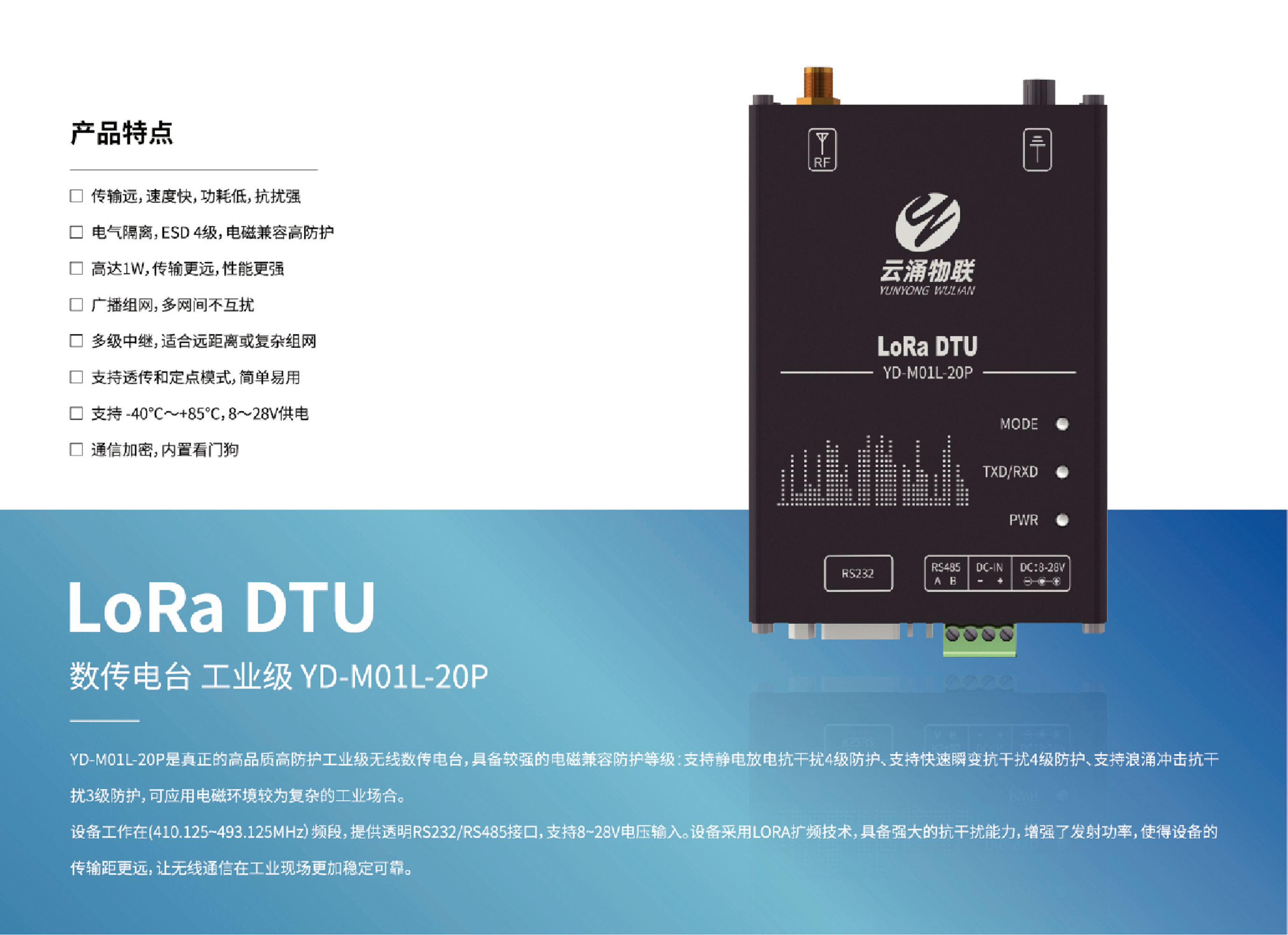 LoRa 数传电台 工业级 YD-M01L-20P图片