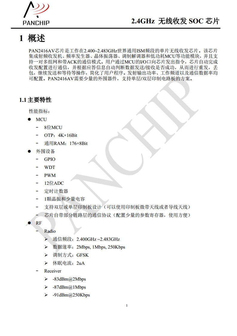 单片无线收发芯片PAN2416图片