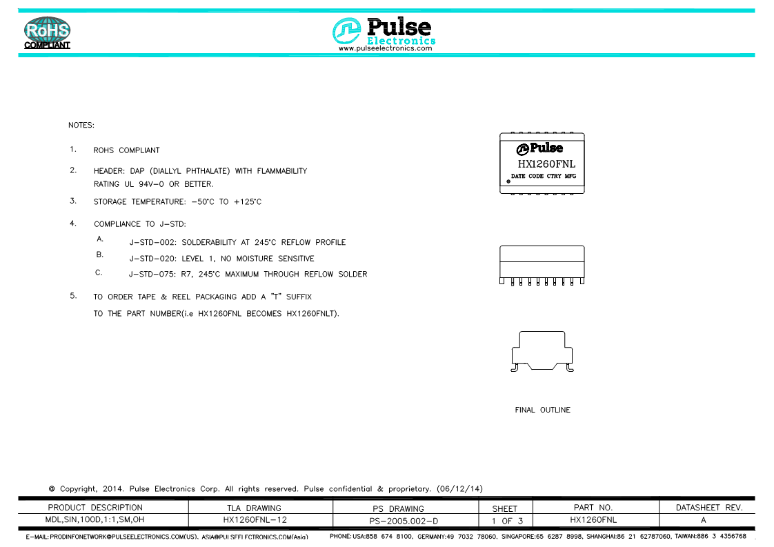 Pulse Electronics 普思电子变压器H1260FNLT图片