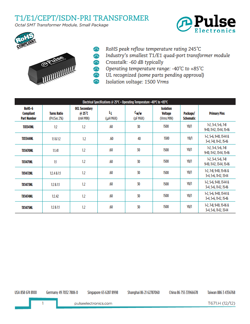 Pulse Electronics 普思电子变压器TX1344NLT图片