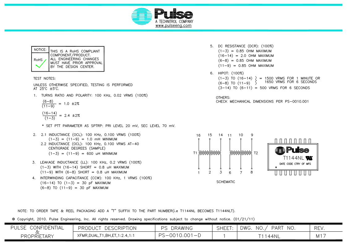 Pulse Electronics 普思电子变压器T1144NLT图片