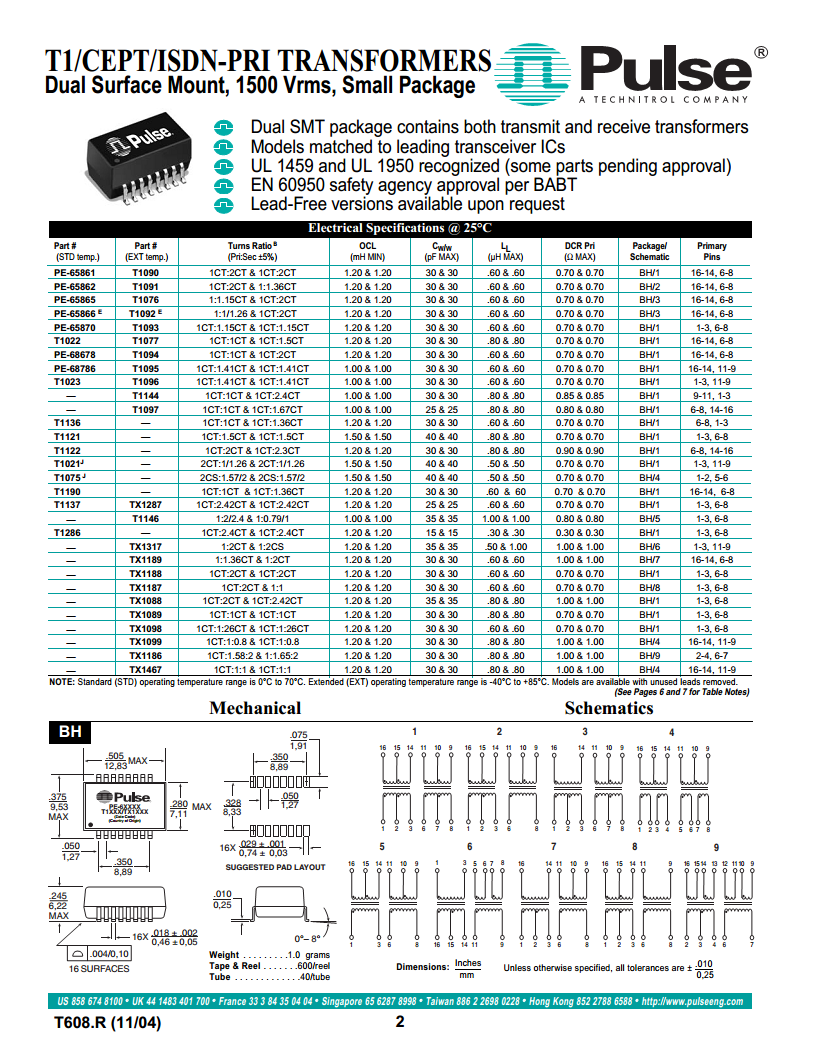 Pulse Electronics 普思电子变压器PE-65554NL图片