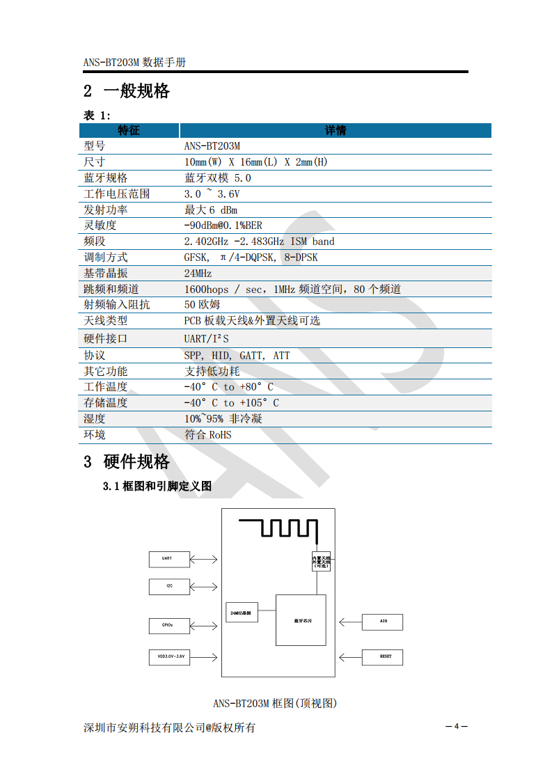 无线蓝牙双模数据模块SPP+BLE5.0 - ANS-BT203M图片