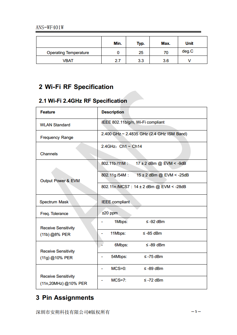 WQ9001 WiFi 2.4GHz SoC模块IEEE 802.11b/g/n - ANS-WF401W图片