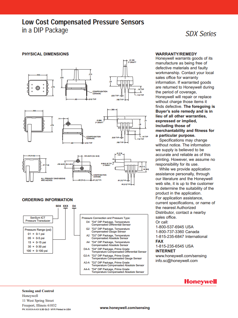 SDX05D4 压力传感器 HONEYWELL图片