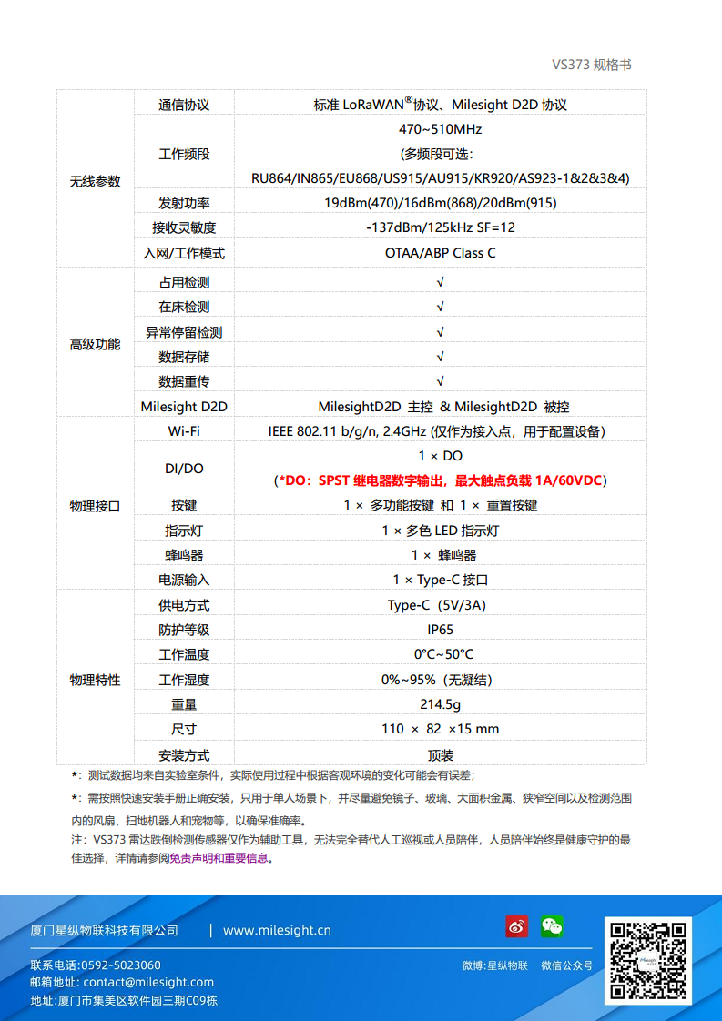 LoRaWAN®通信 VS373 雷达跌倒检测传感器图片